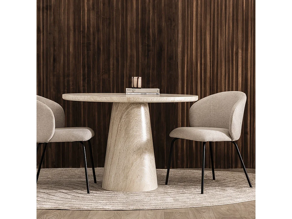 Danli - Table à manger 4 personnes ronde effet travertin - Beige
