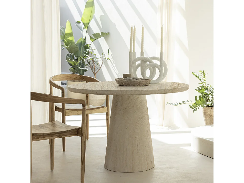 Danli - Table à manger 4 personnes ronde effet travertin - Beige