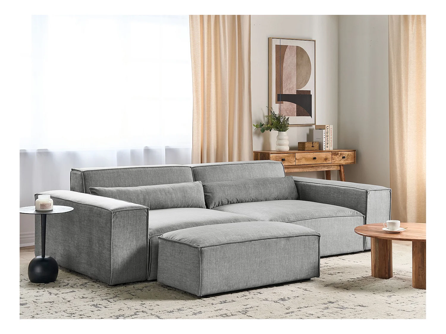 Canapé modulable 2 places HELLNAR Tissu Gris avec ottoman