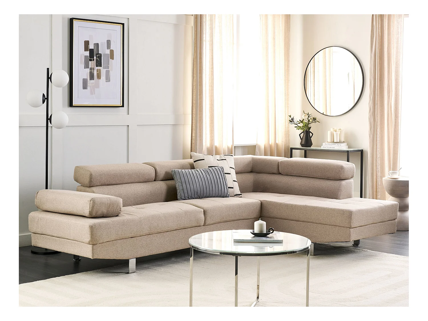 Canapé d'Angle à droite 5 Places en Tissu Rembourré Beige Norrea