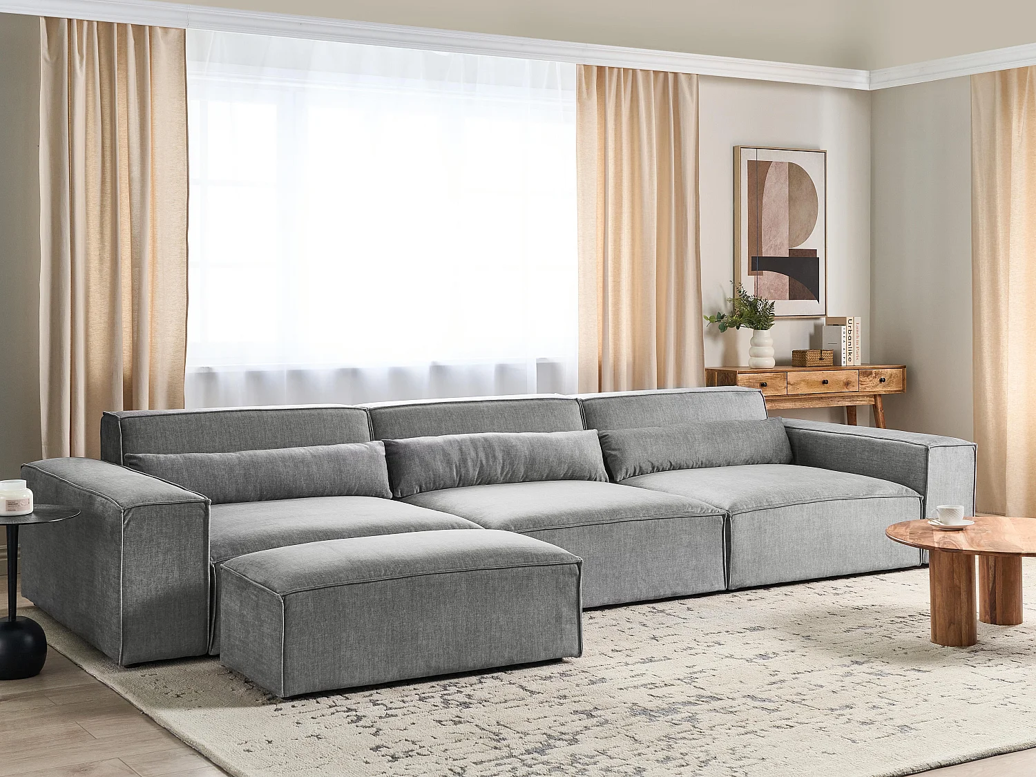 Canapé modulable 3 places HELLNAR Tissu Gris avec ottoman