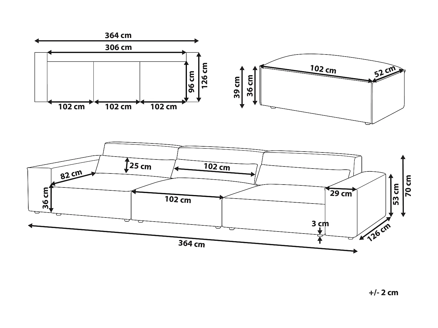 Canapé modulable 3 places HELLNAR Tissu Gris avec ottoman