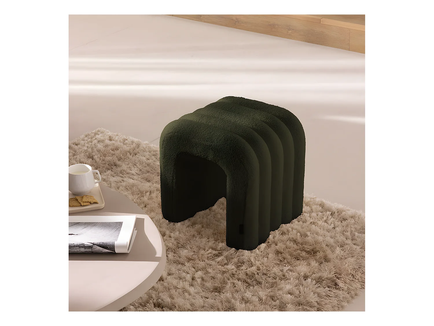 Mui - Tabouret rembourré en tissu bouclette - Vert kaki