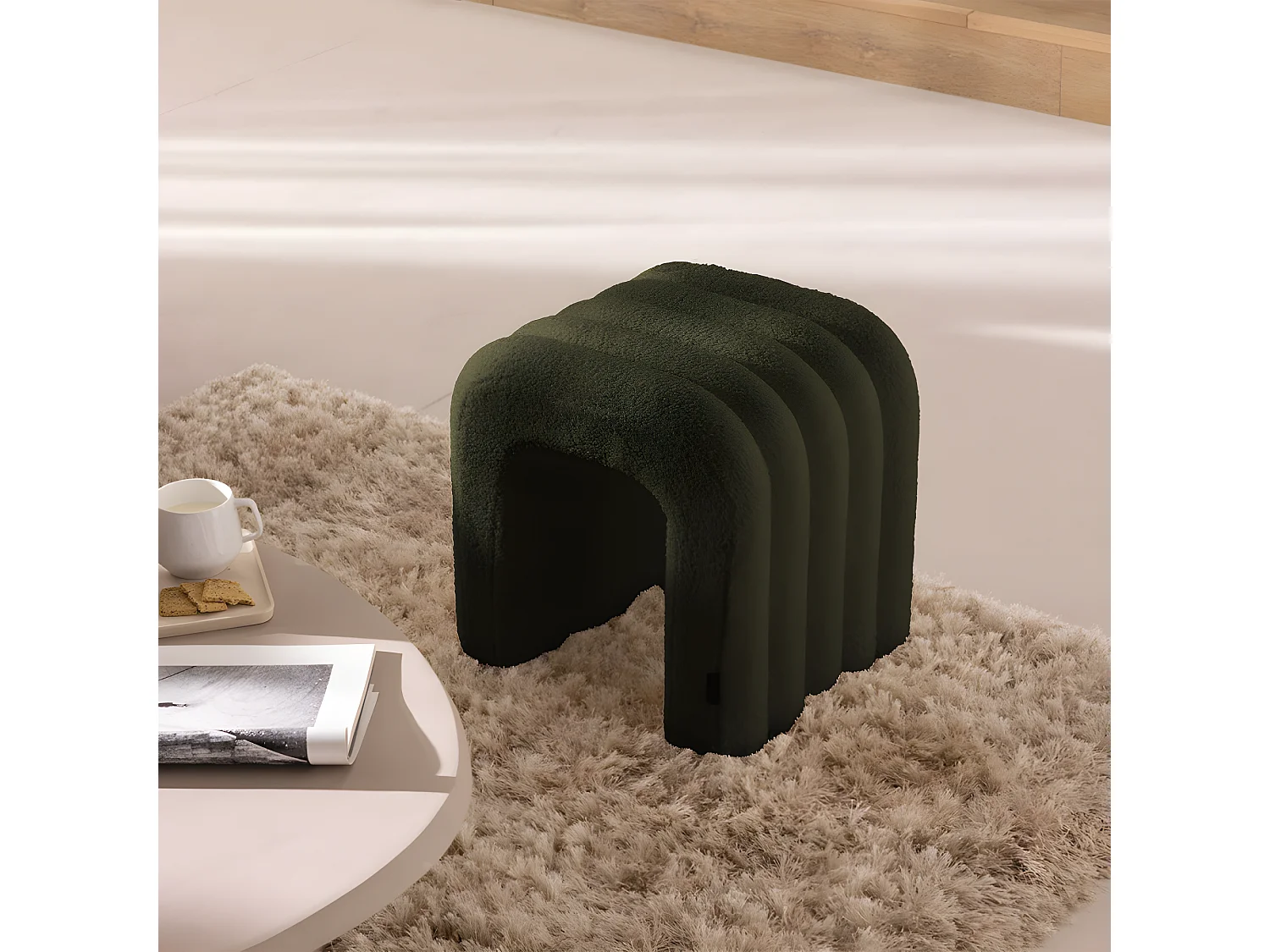 Mui - Tabouret rembourré en tissu bouclette - Vert kaki