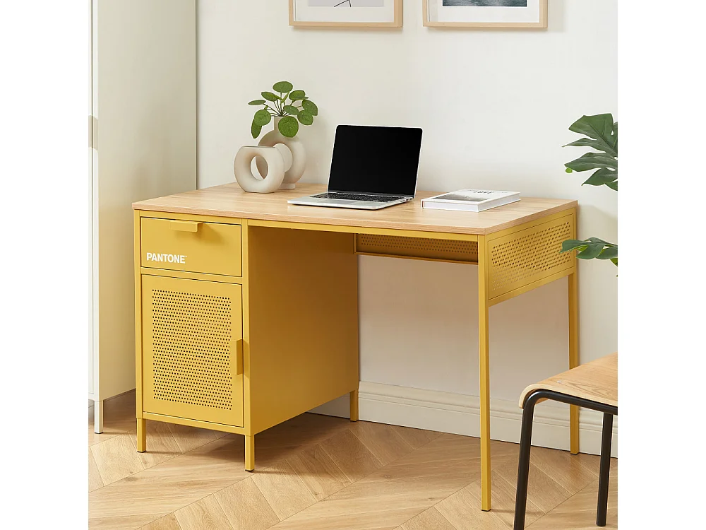 Nino - Bureau 1 porte 1 tiroir en métal PANTONE L120cm - Jaune moutarde