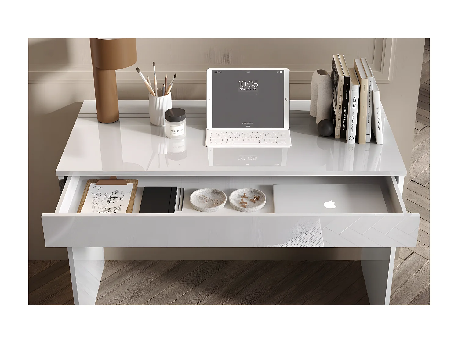 Bureau 1 tiroir 110 cm laqué Blanc brillant - TORINO