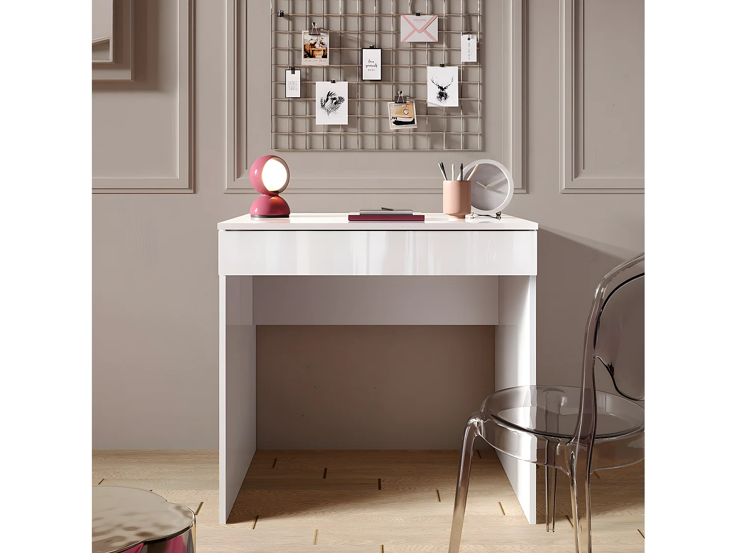 Bureau 1 tiroir 78 cm laqué Blanc brillant - TORINO