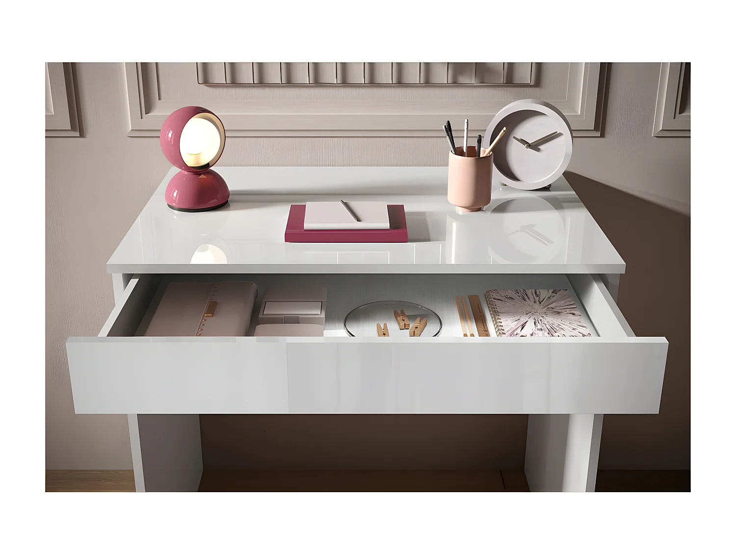 Bureau 1 tiroir 78 cm laqué Blanc brillant - TORINO