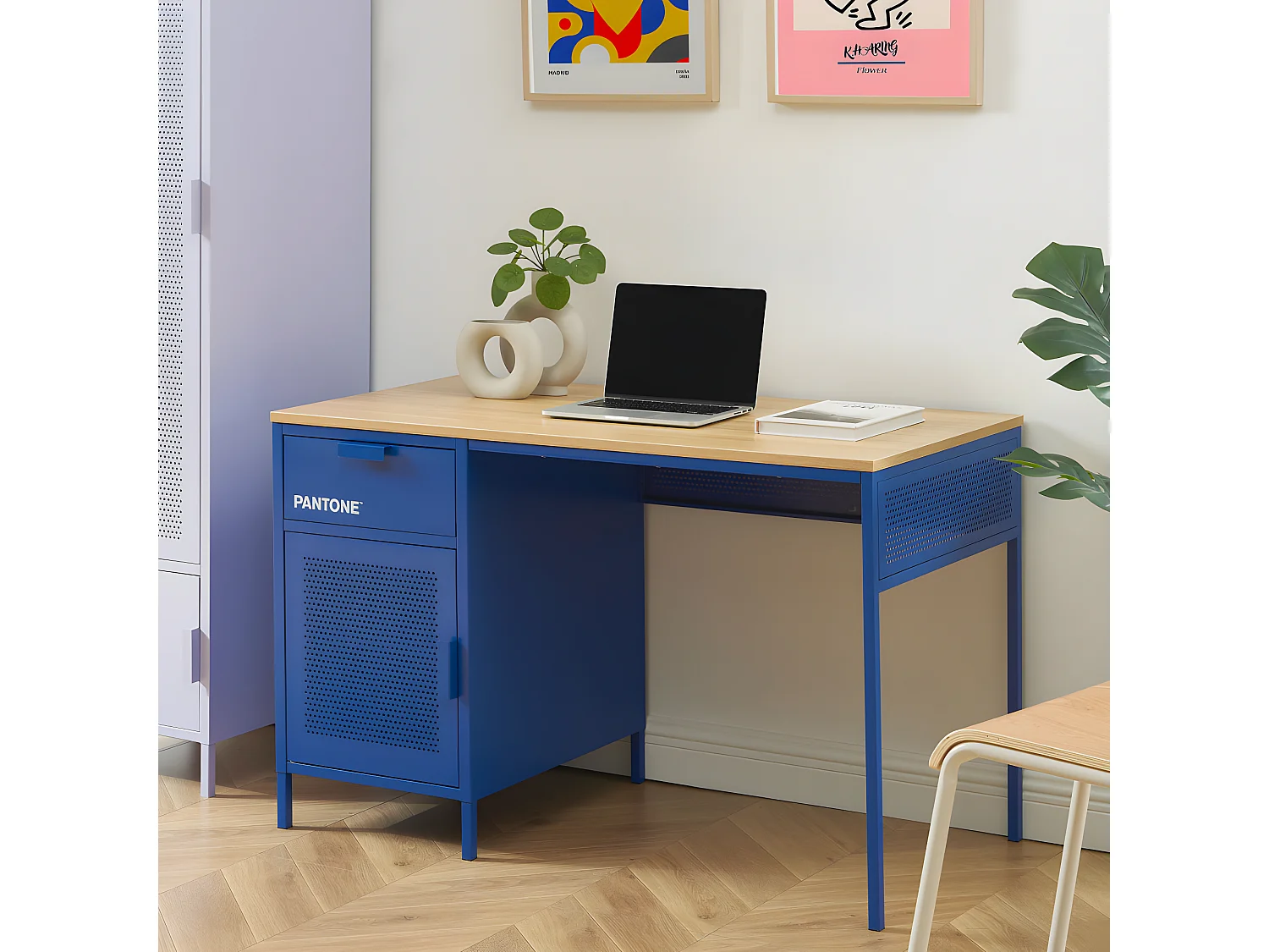 Nino - Bureau 1 porte 1 tiroir en métal PANTONE L120cm - Bleu électrique