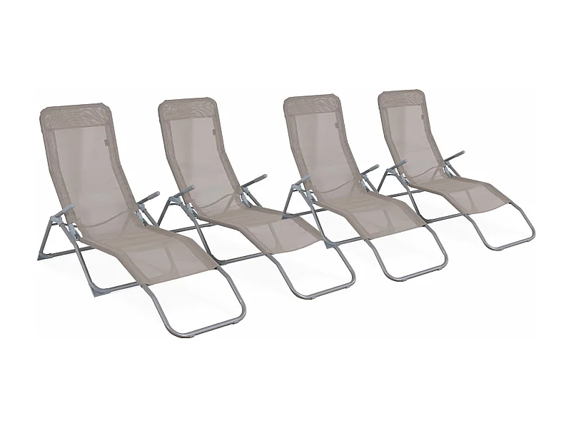 Lot de 4 bains de soleil pliants - Levito Taupe - Transats textilène 2 positions. chaises longues