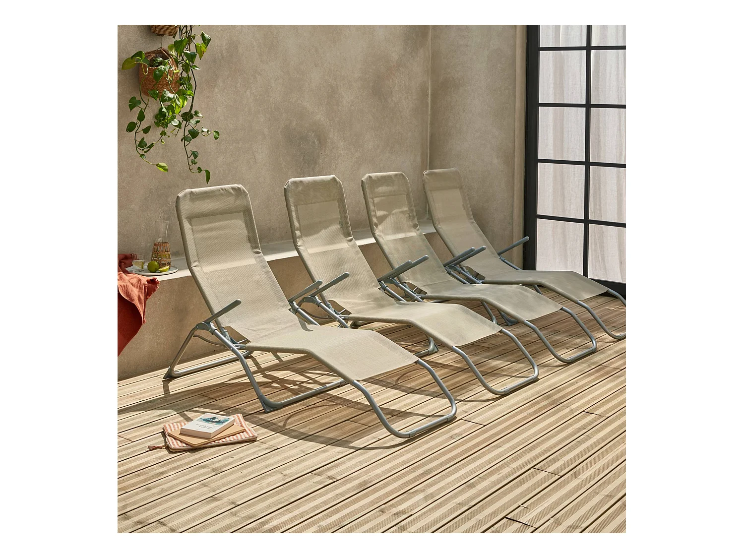 Lot de 4 bains de soleil pliants - Levito Taupe - Transats textilène 2 positions. chaises longues