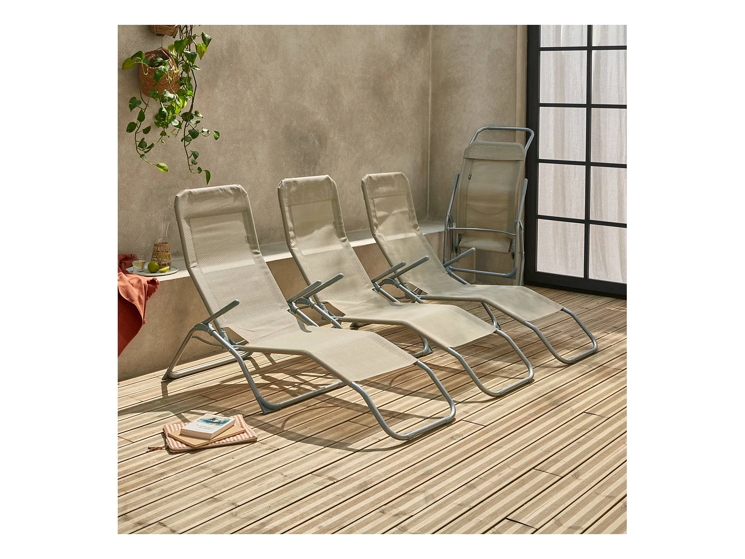 Lot de 4 bains de soleil pliants - Levito Taupe - Transats textilène 2 positions. chaises longues