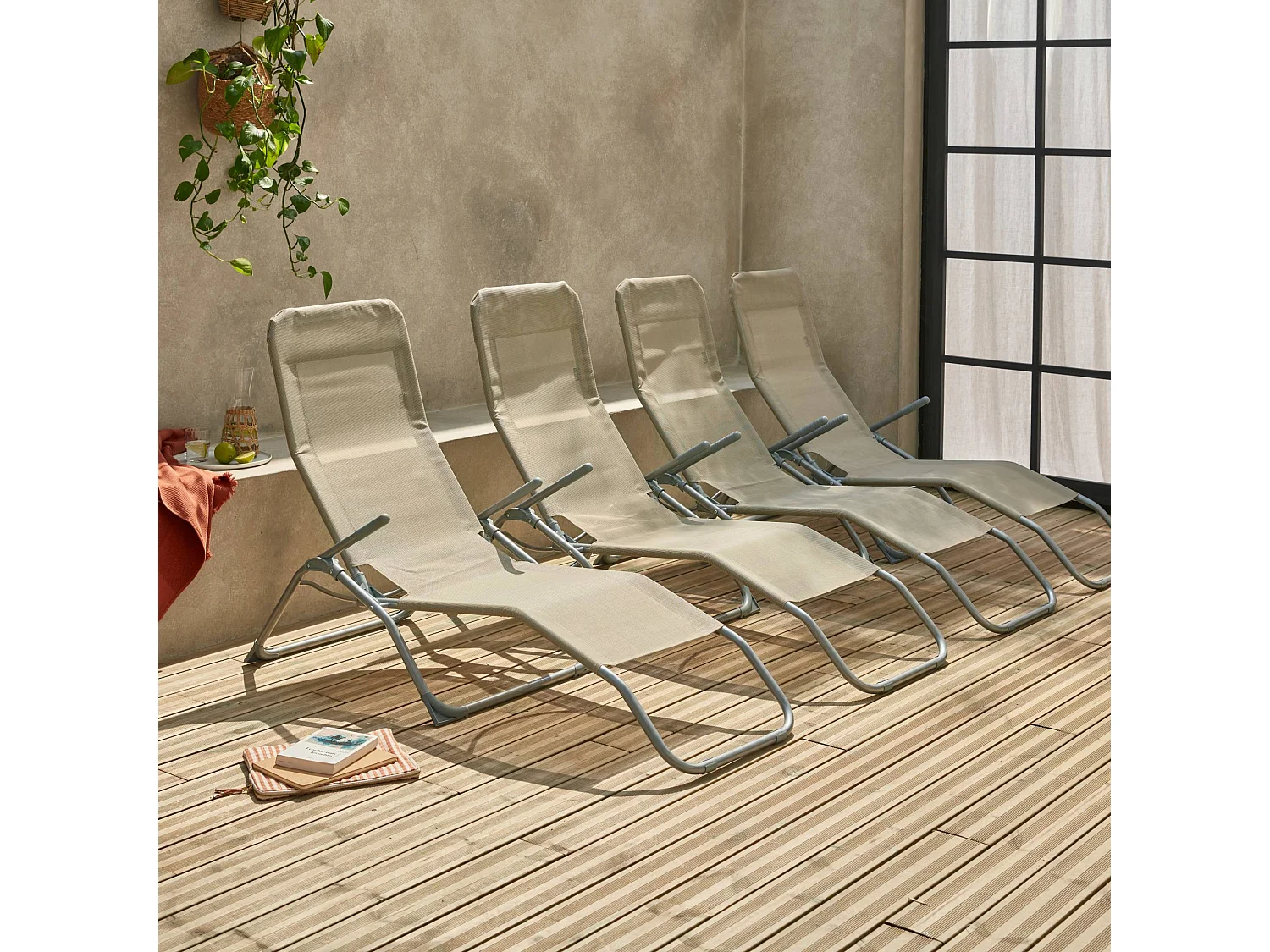 Set 4  lettini prendisole pieghevoli in textilene  e multiposizione, Levito x4, Talpa, 57x168x93 cm
