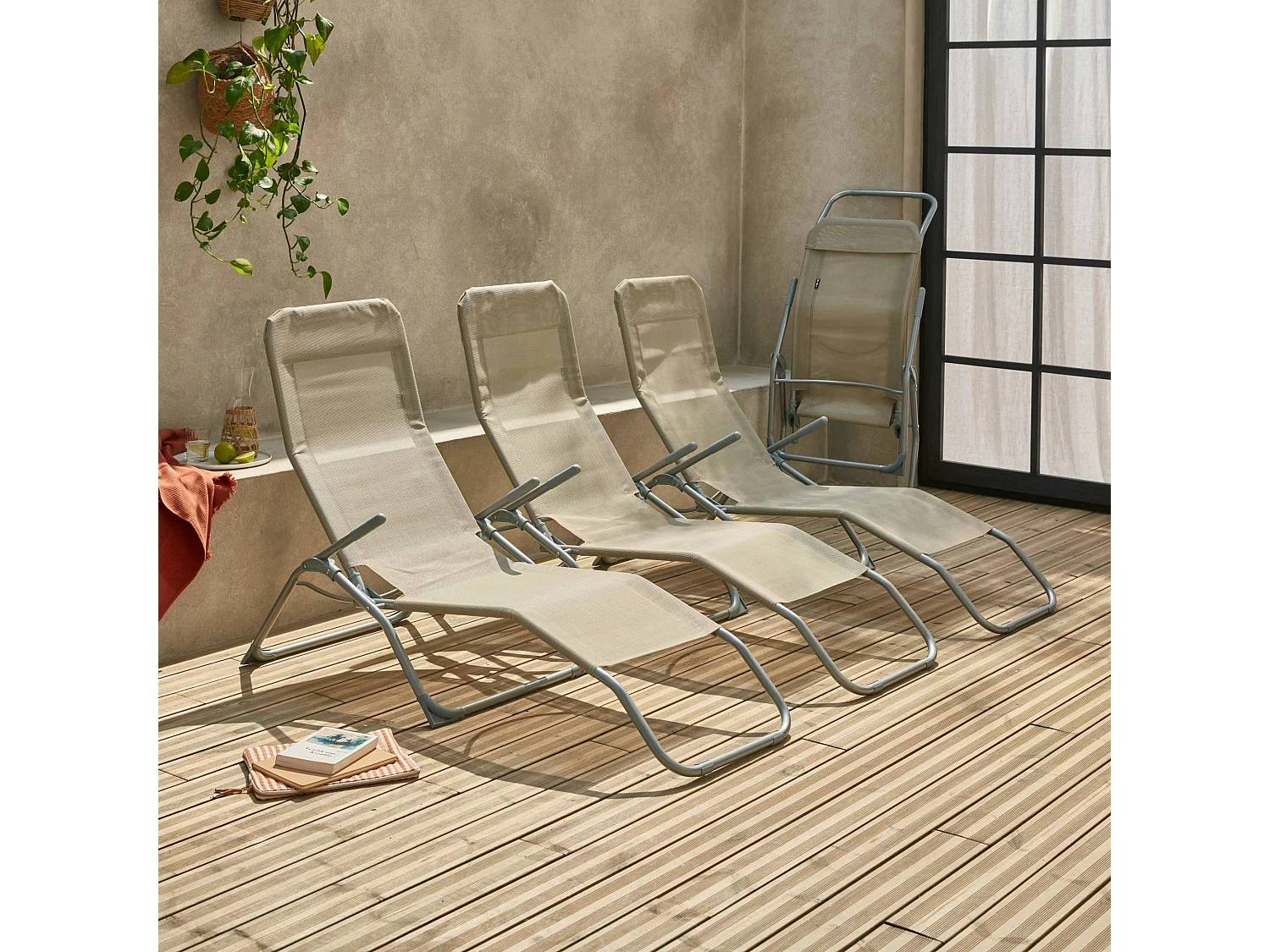 Set 4  lettini prendisole pieghevoli in textilene  e multiposizione, Levito x4, Talpa, 57x168x93 cm