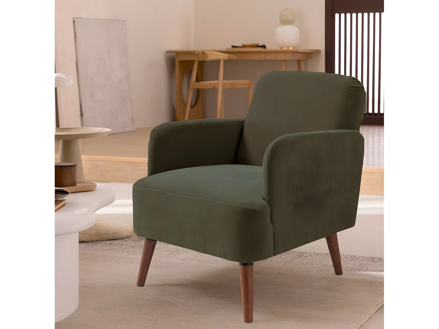 Brooks - Fauteuil rétro en tissu chenille pieds bois foncé - Vert kaki