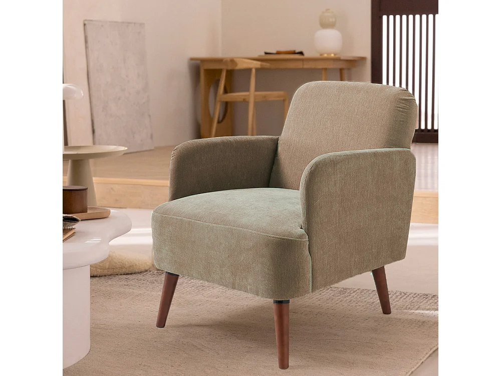 Brooks - Fauteuil rétro en tissu chenille pieds bois foncé - Taupe