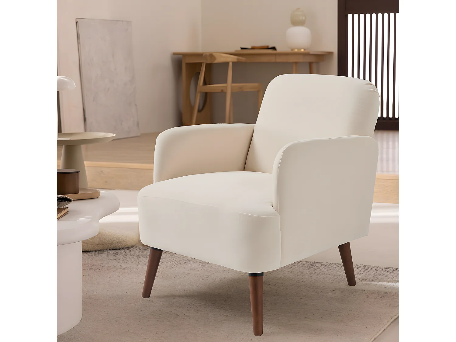 Brooks - Fauteuil rétro en tissu chenille pieds bois foncé - Écru