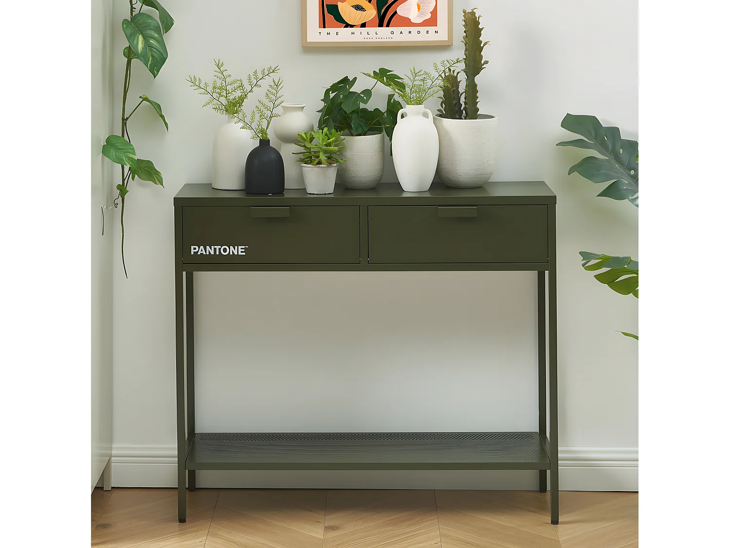 Nino - Console 2 tiroirs en métal PANTONE L100cm - Vert kaki