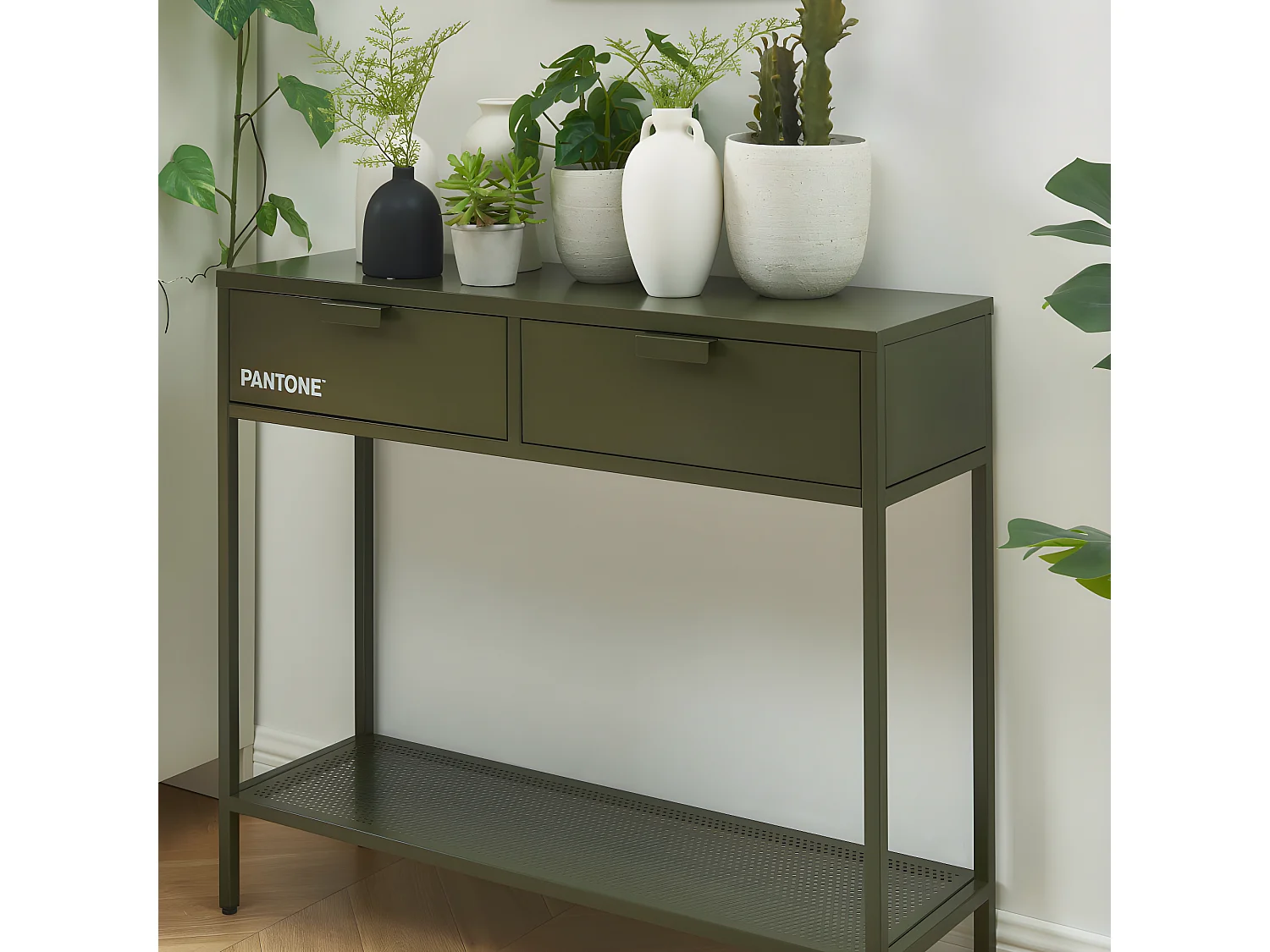 Nino - Console 2 tiroirs en métal PANTONE L100cm - Vert kaki