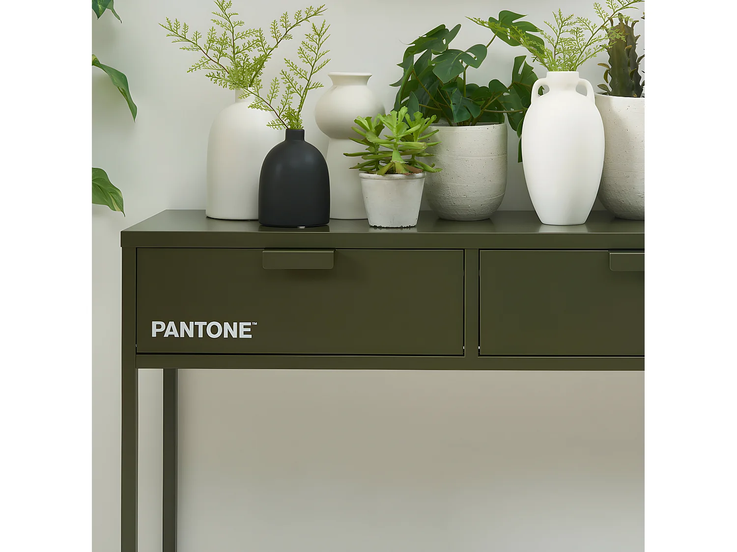 Nino - Console 2 tiroirs en métal PANTONE L100cm - Vert kaki