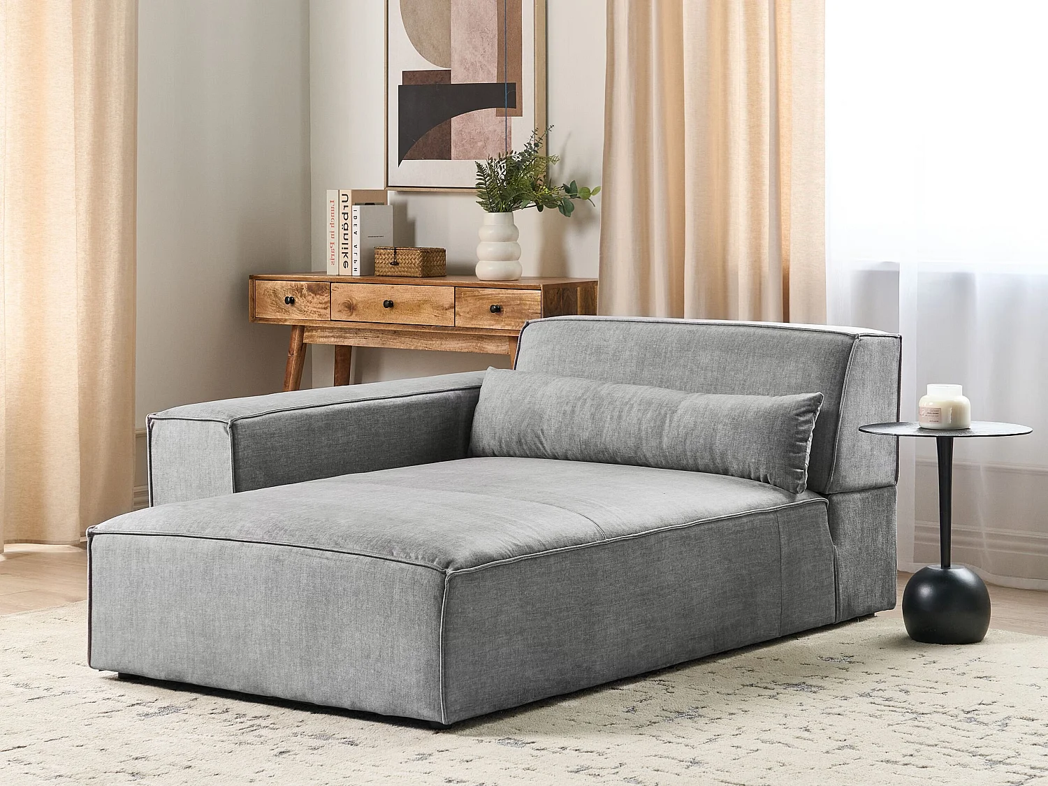 Modul Chaiselongue Stoff grau mit Armlehne rechts Dekokissen Skandi Hellnar