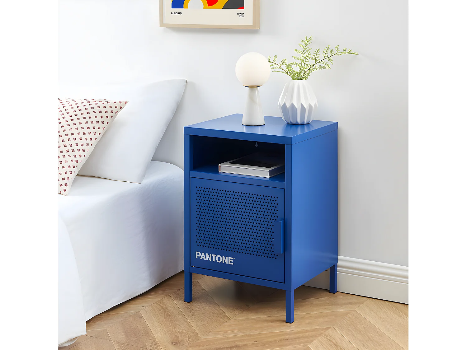 Nino - Table de chevet 1 porte en métal PANTONE - Bleu électrique