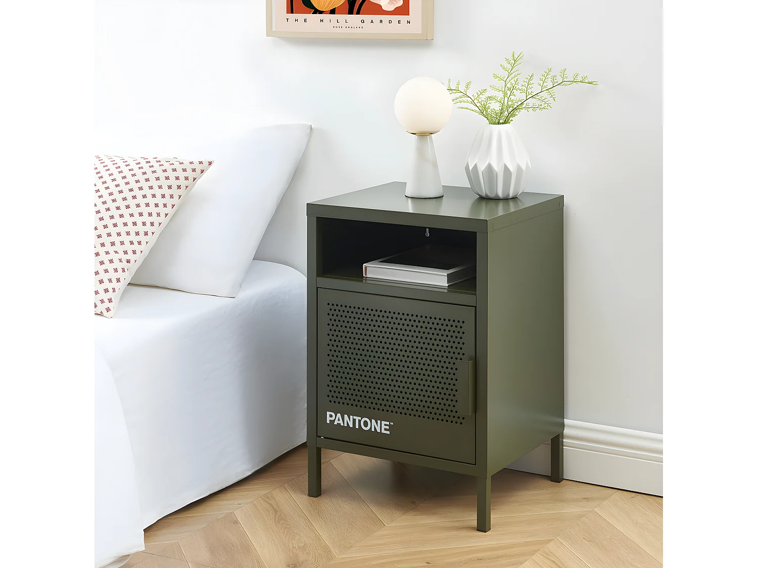 Nino - Table de chevet 1 porte en métal PANTONE - Vert kaki