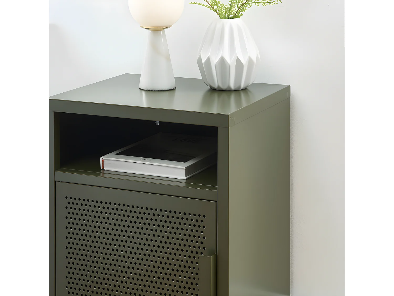 Nino - Table de chevet 1 porte en métal PANTONE - Vert kaki