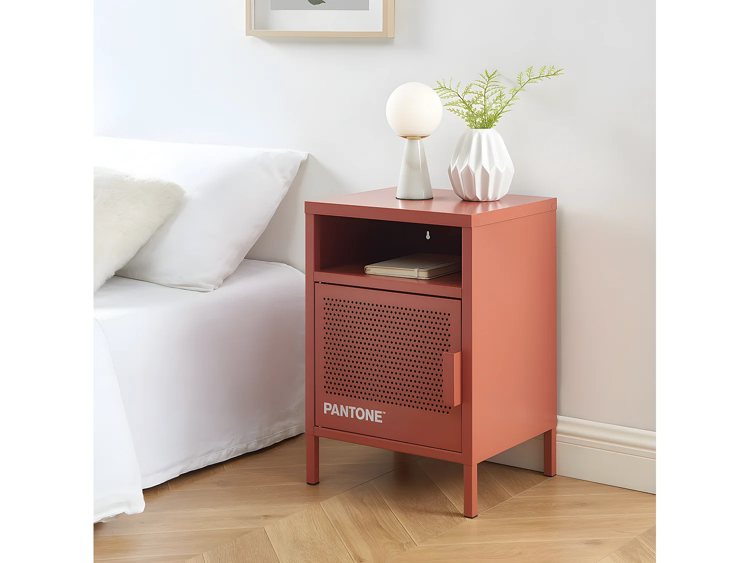 Nino - Table de chevet 1 porte en métal PANTONE - Terracotta