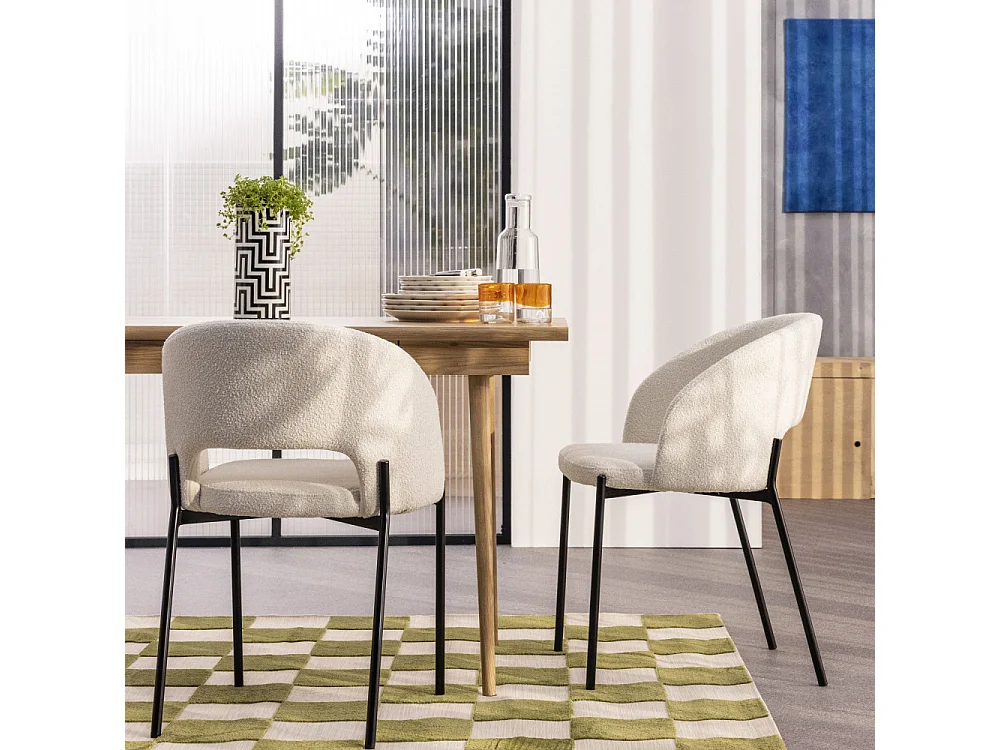 Soren - Lot de 2 chaises en tissu bouclette et métal - Écru