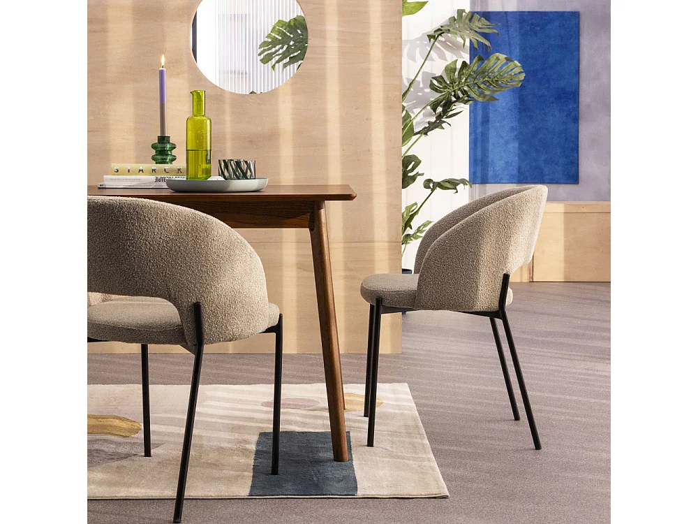 Soren - Lot de 2 chaises en tissu bouclette et métal - Beige chiné