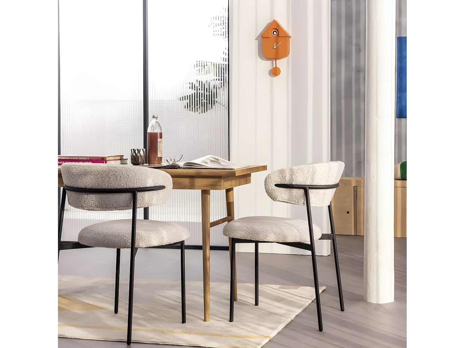 Ester - Lot de 2 chaises en tissu bouclette et métal - Écru chiné