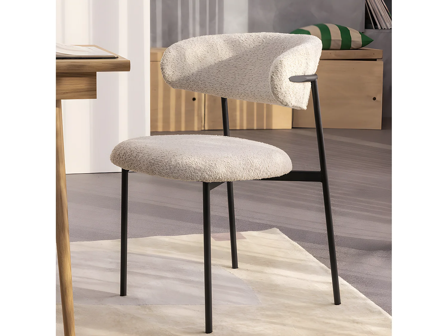 Ester - Lot de 2 chaises en tissu bouclette et métal - Écru chiné
