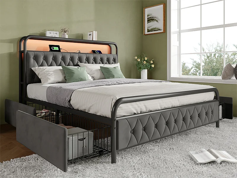 Bed 140x200cm met laden + LED + Oplaadpunten - gestoffeerd in fluweel - met metalen lattenbodem - Grijs