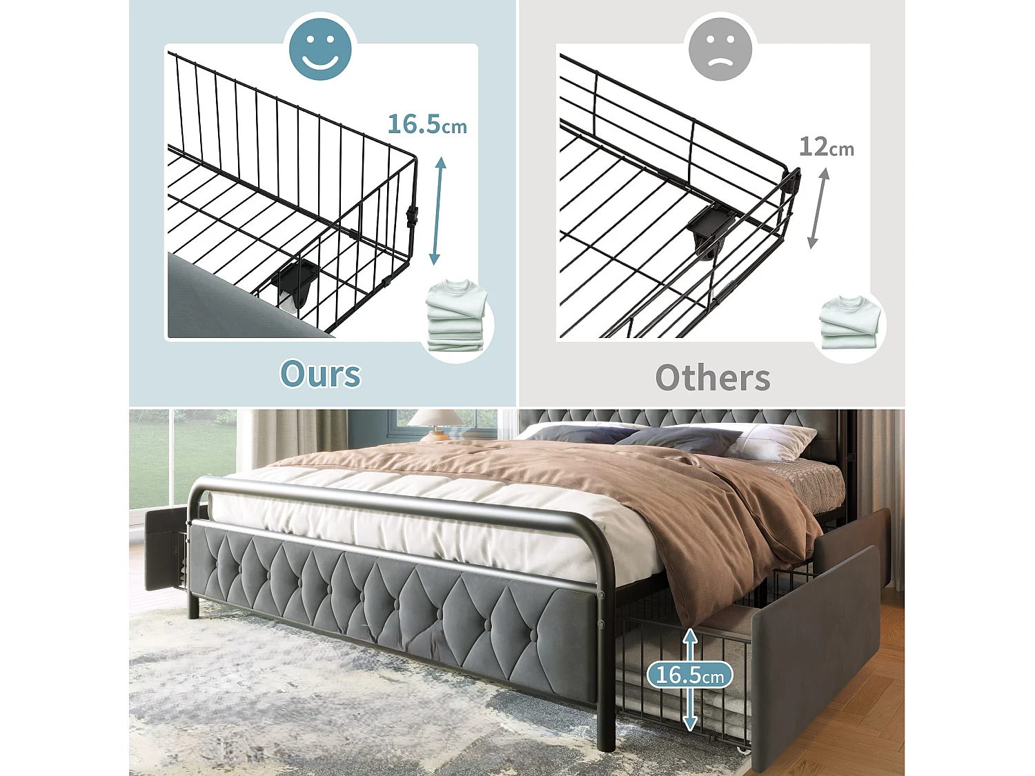 Bed 140x200cm met laden + LED + Oplaadpunten - gestoffeerd in fluweel - met metalen lattenbodem - Grijs