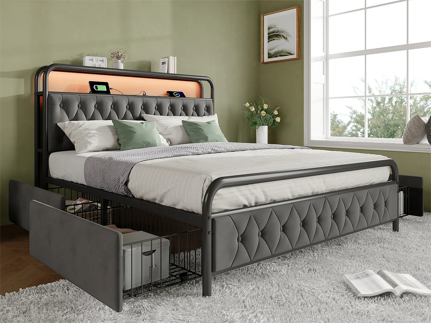 Bett 140x200cm mit Schubladen + LED + Ladestationen - gepolstert in Samt - mit Metall-Lattenrost - Grau