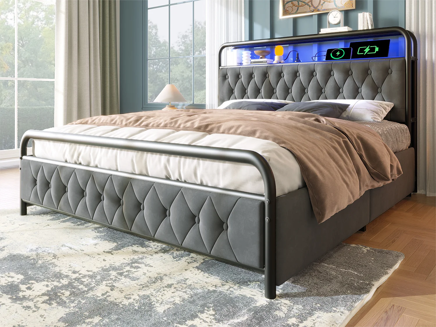 Bett 160x200cm mit Schubladen + LED + Ladestationen - gepolstert in Samt - mit Metall-Lattenrost - Grau