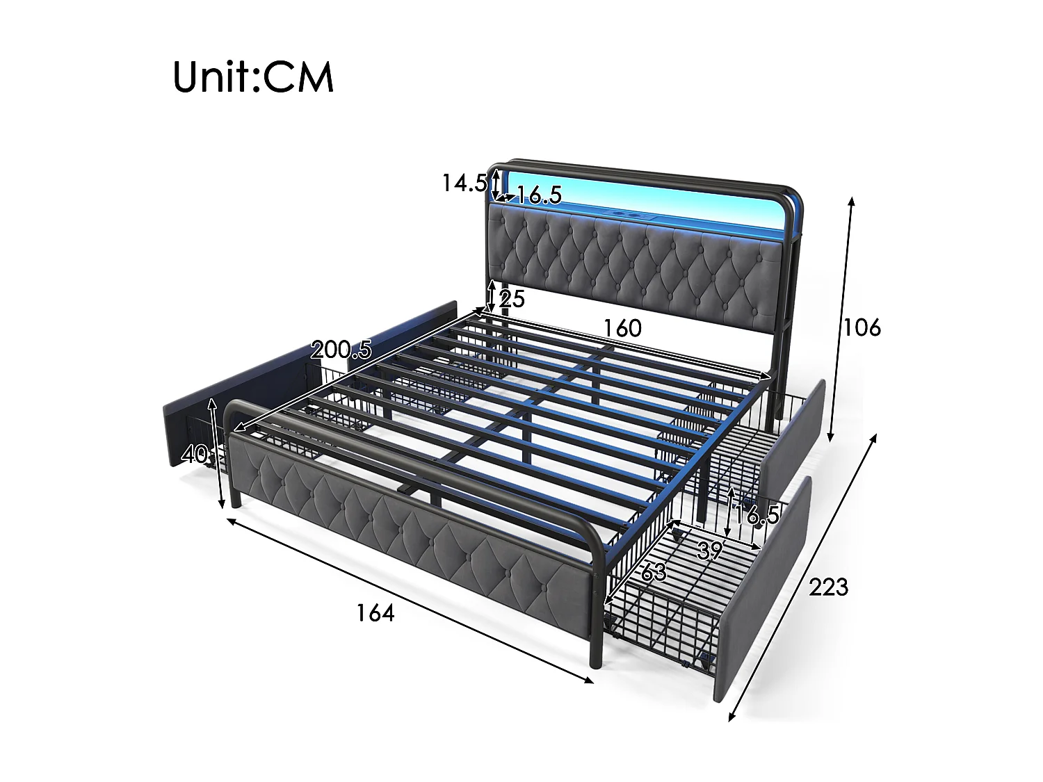 Bett 160x200cm mit Schubladen + LED + Ladestationen - gepolstert in Samt - mit Metall-Lattenrost - Grau