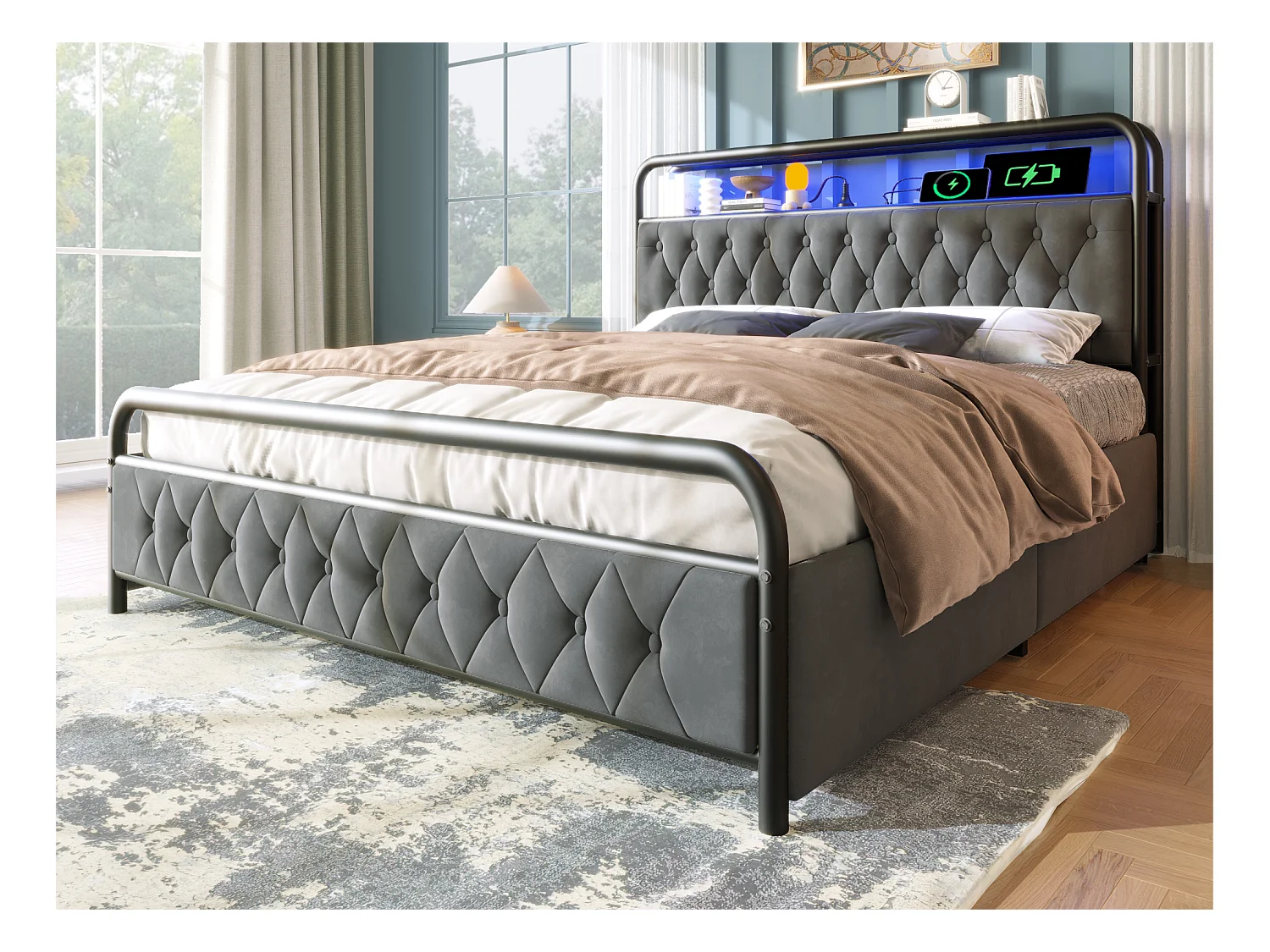 Lit 180x200cm avec tiroirs + LED + Ports de recharge - rembourré en velours - avec sommier en métal - Gris