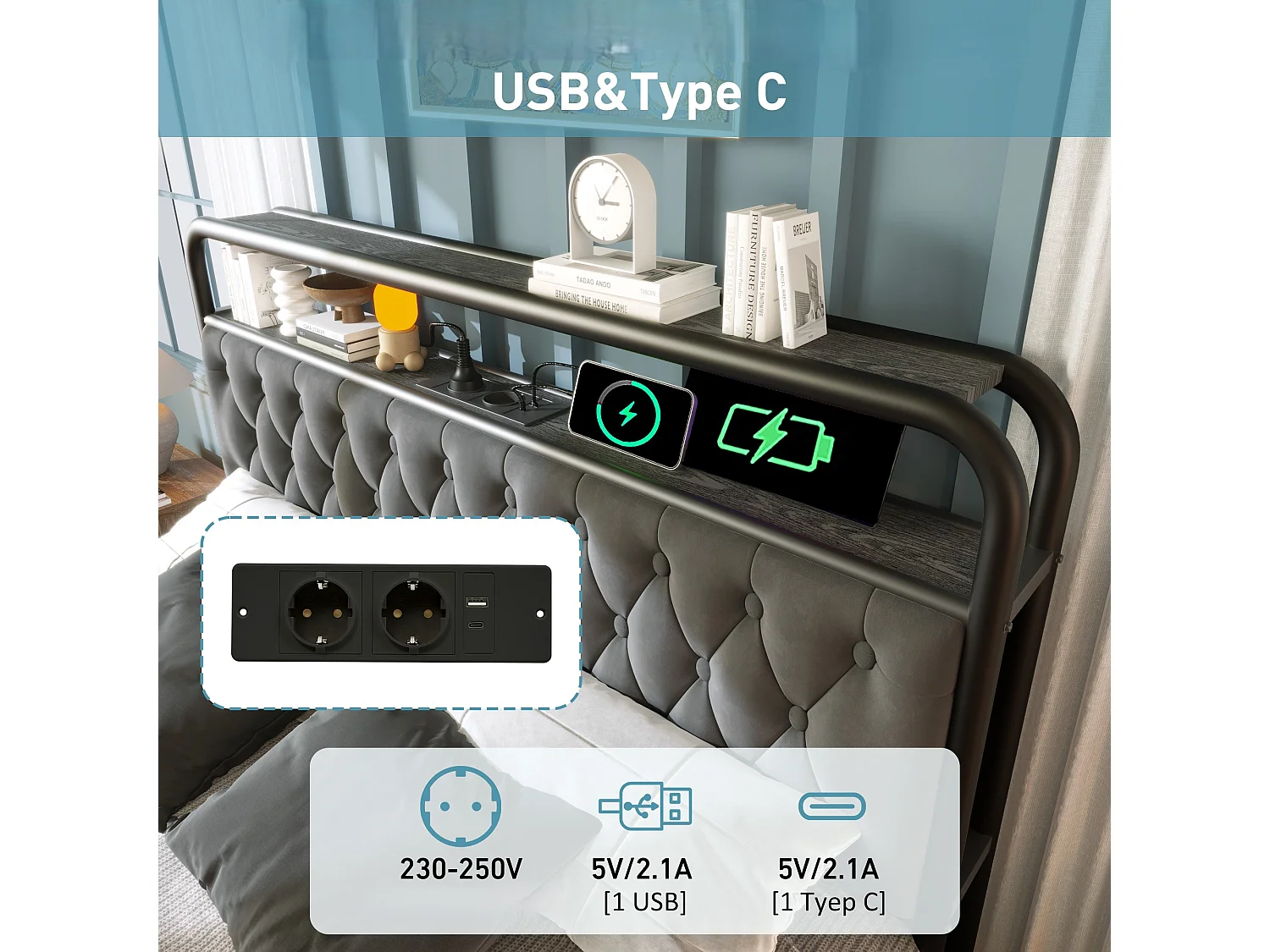 Lit 180x200cm avec tiroirs + LED + Ports de recharge - rembourré en velours - avec sommier en métal - Gris