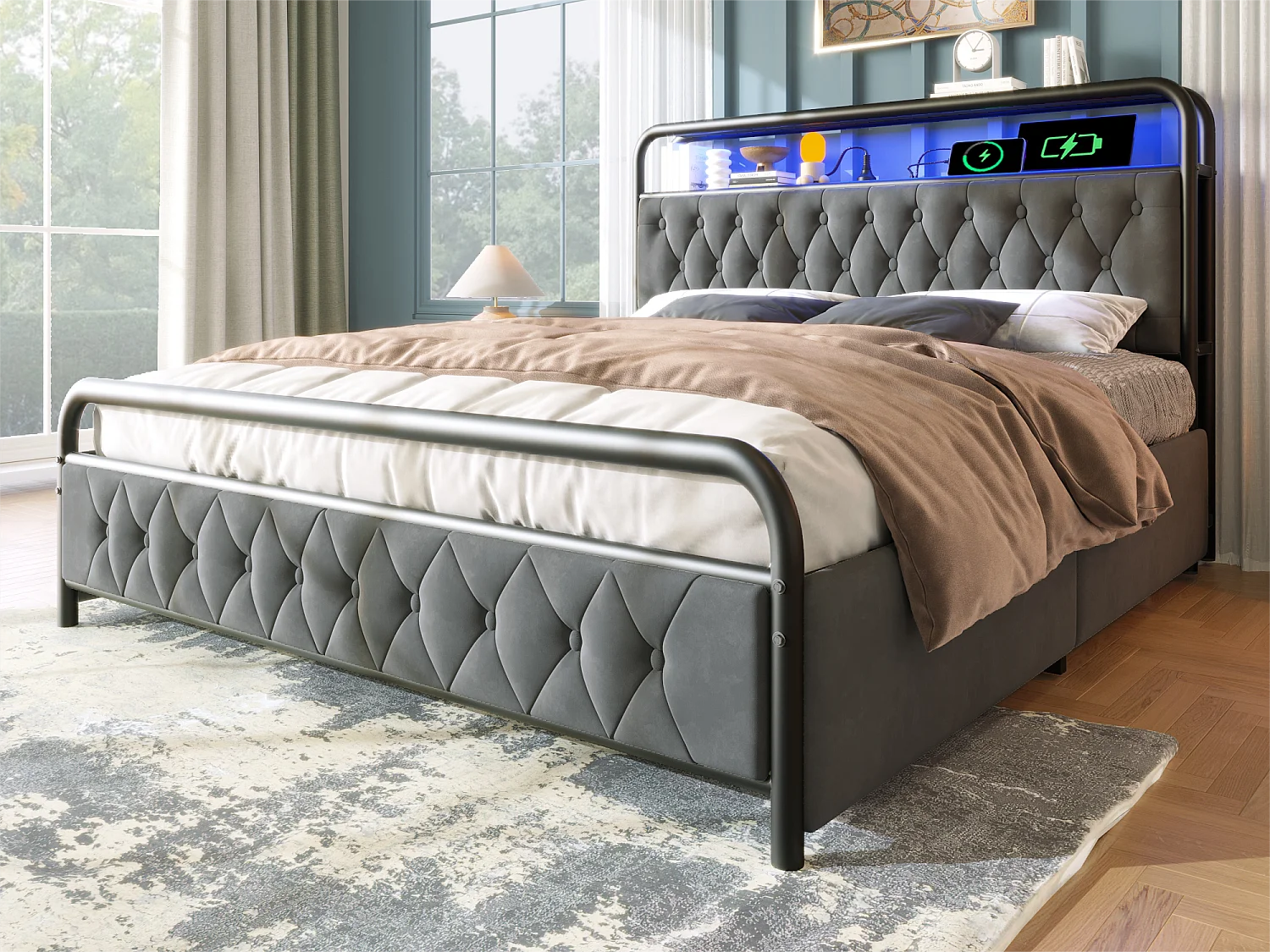 Bed 180x200cm met laden + LED + Oplaadpunten - gestoffeerd in fluweel - met metalen lattenbodem - Grijs