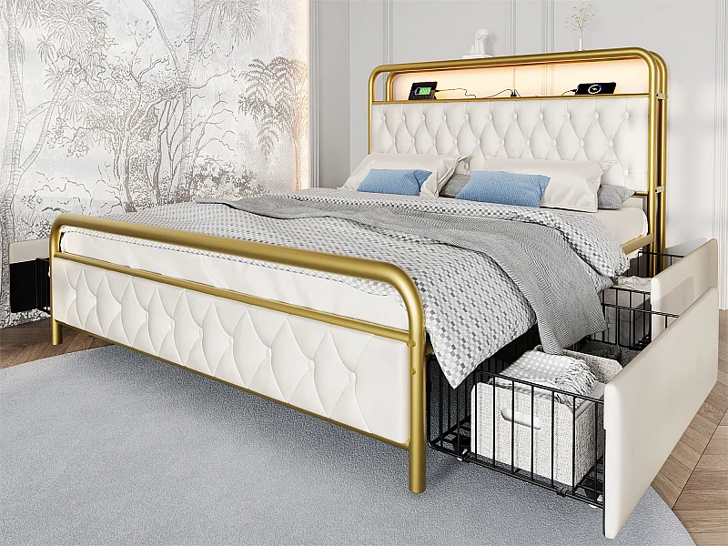 Cama 140x200cm com gavetas + LED + Portas de carregamento - estofada em veludo - com estrado de metal - Bege