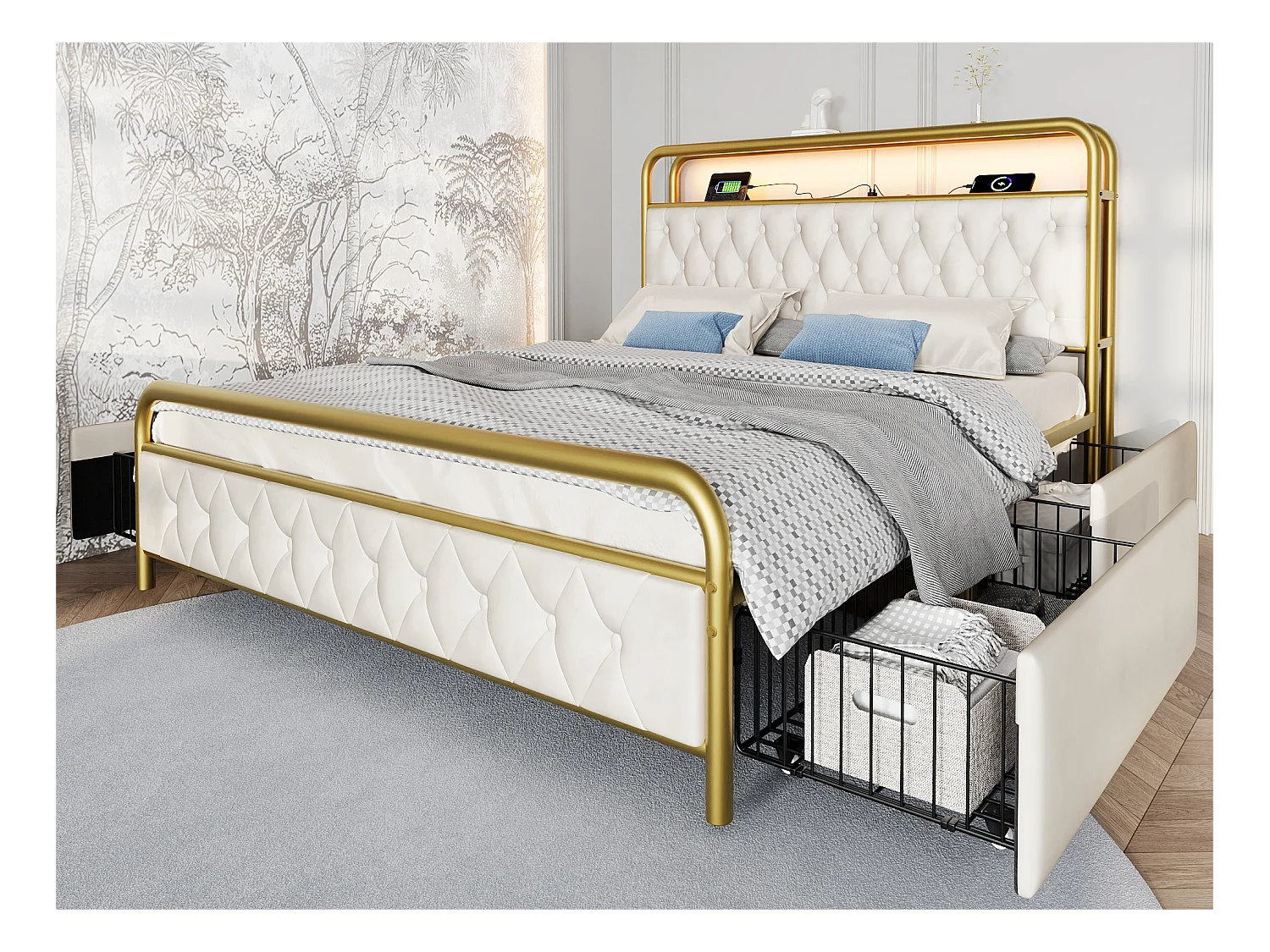 Lit 140x200cm avec tiroirs + LED + Ports de recharge - rembourré en velours - avec sommier en métal - Beige