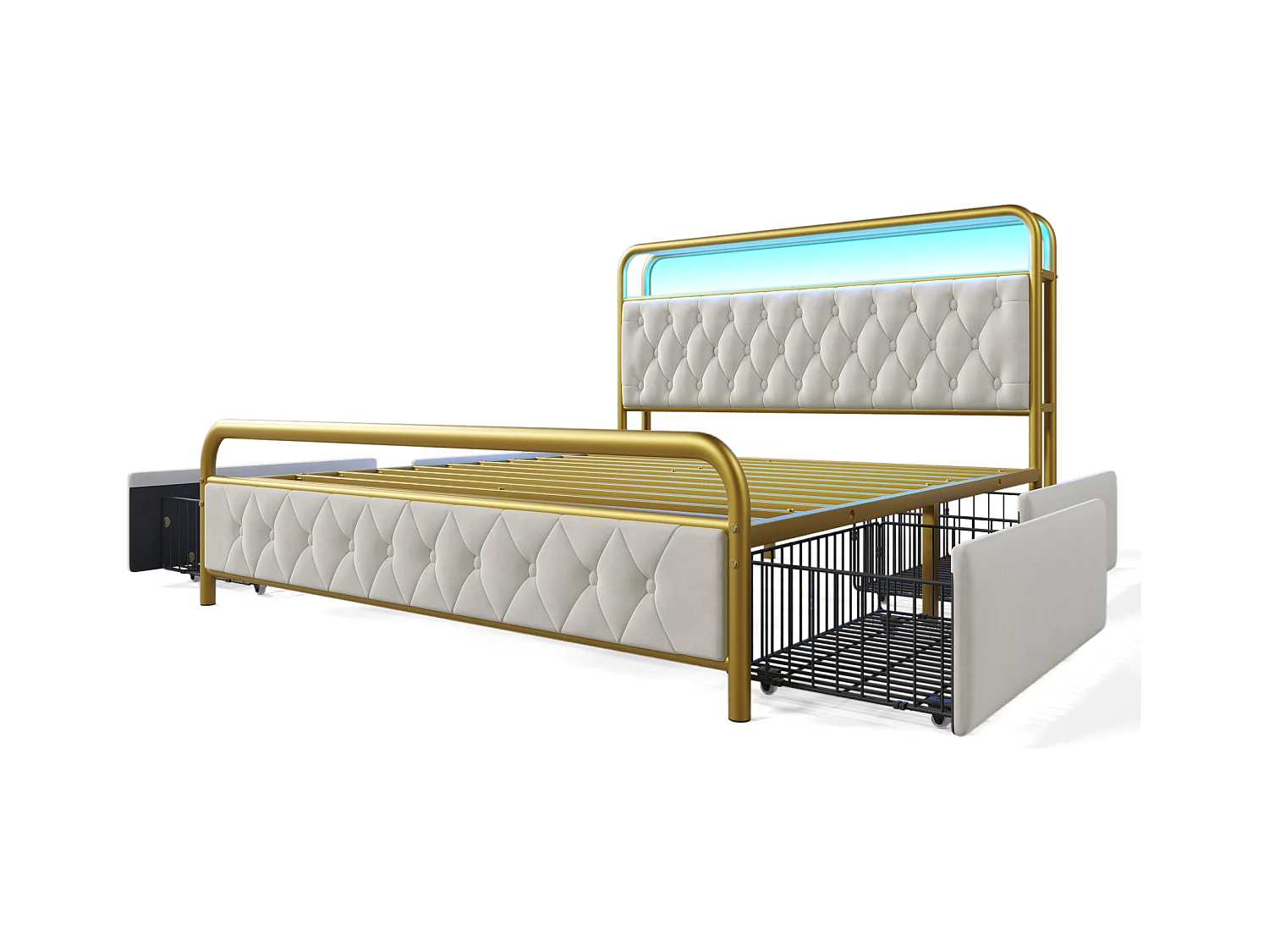 Bed 140x200cm met laden + LED + Oplaadpunten - gestoffeerd in fluweel - met metalen lattenbodem - Beige