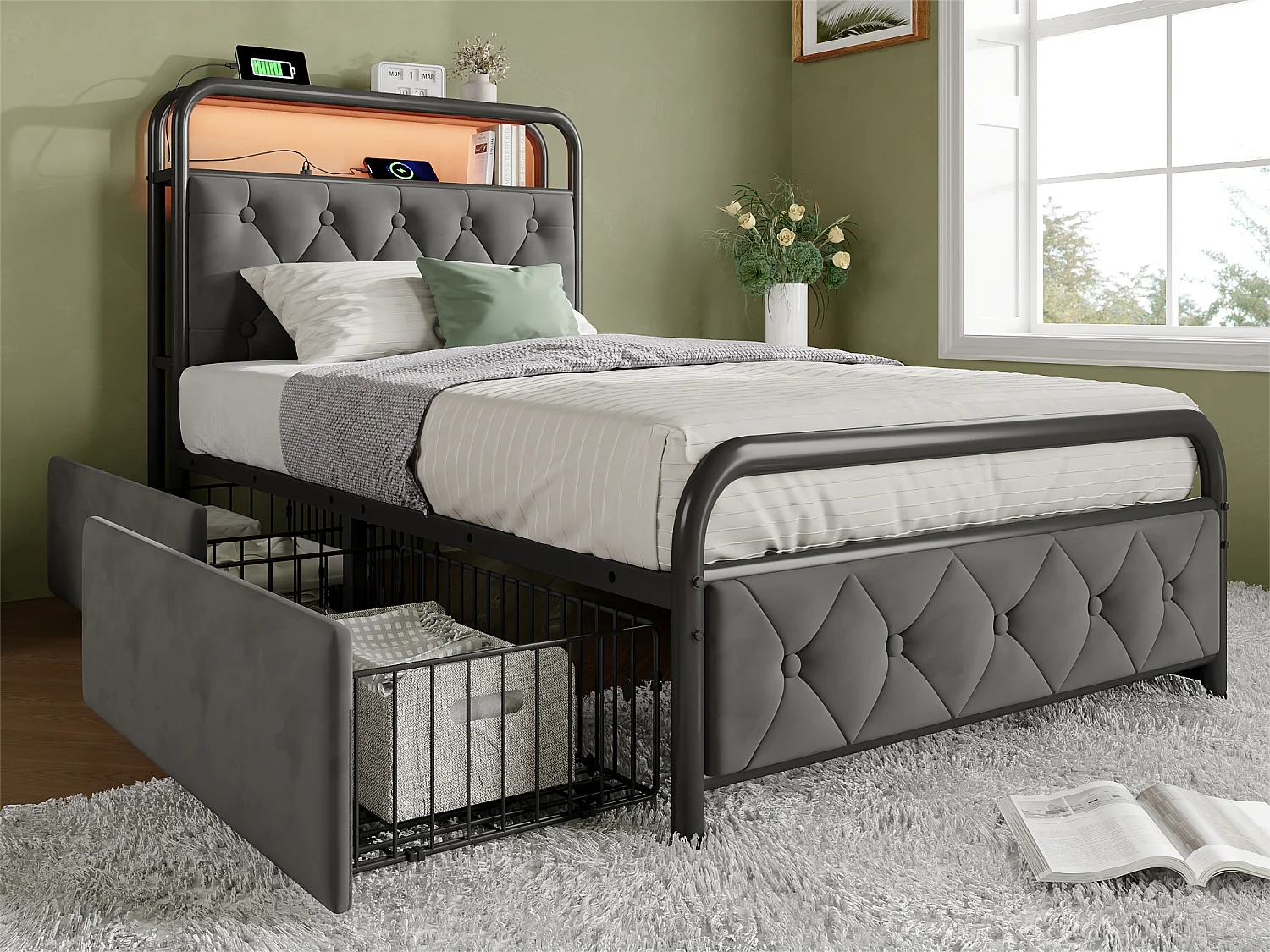 Bett 90x200cm mit Schubladen + LED + Ladestationen - gepolstert in Samt - mit Metall-Lattenrost - Grau