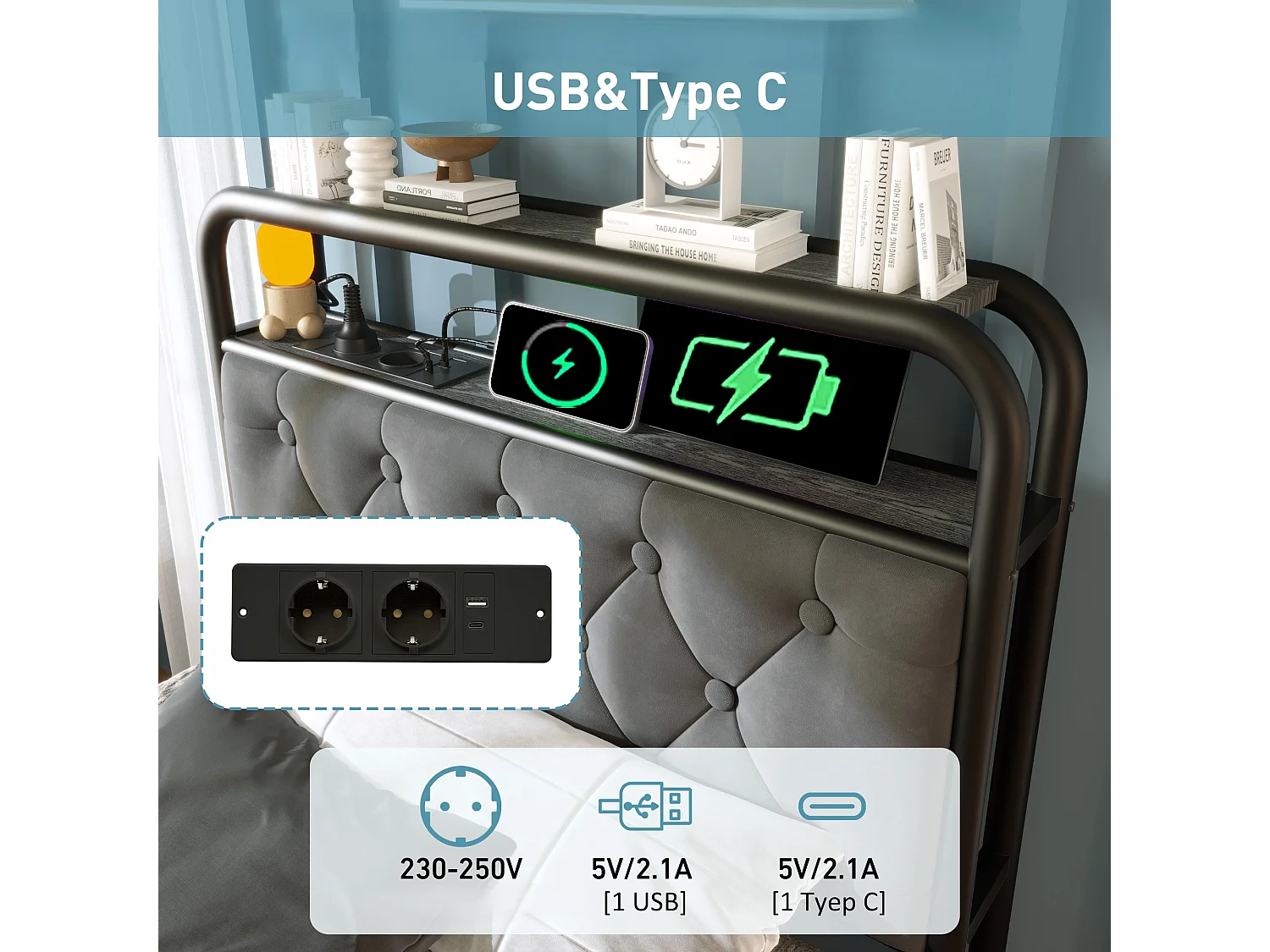 Bett 90x200cm mit Schubladen + LED + Ladestationen - gepolstert in Samt - mit Metall-Lattenrost - Grau