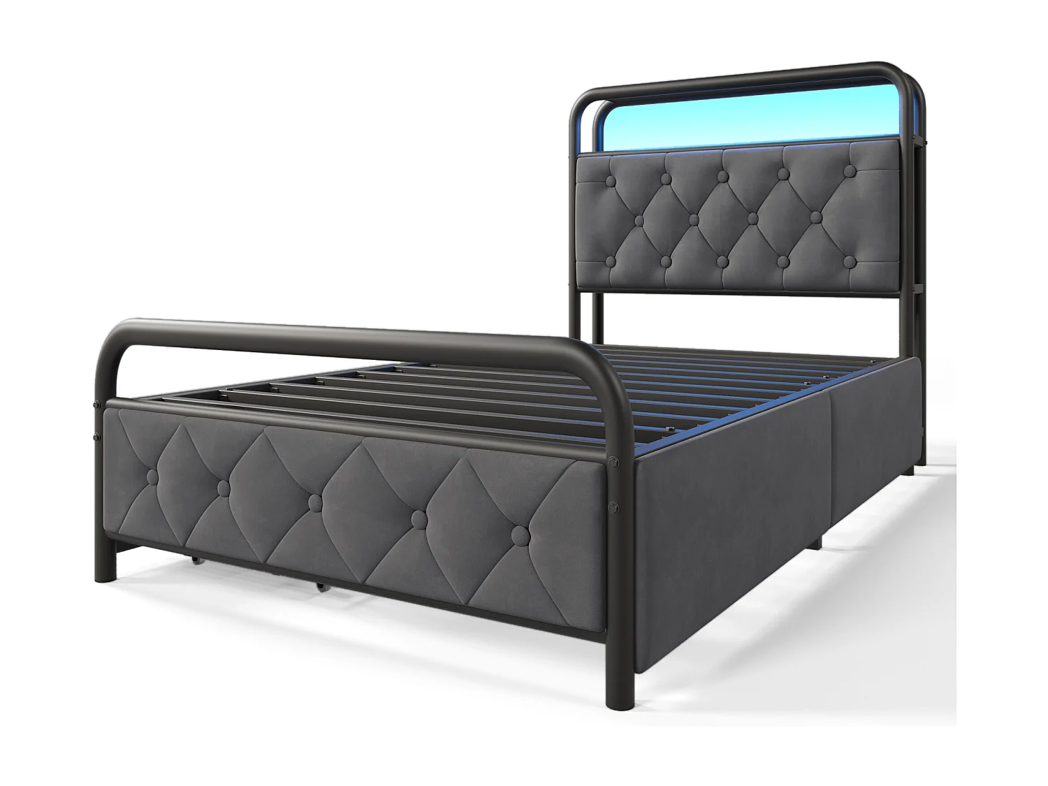 Bett 90x200cm mit Schubladen + LED + Ladestationen - gepolstert in Samt - mit Metall-Lattenrost - Grau