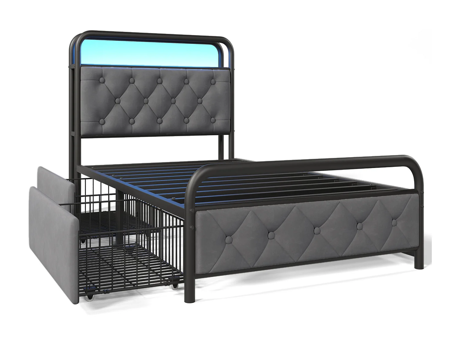 Bett 90x200cm mit Schubladen + LED + Ladestationen - gepolstert in Samt - mit Metall-Lattenrost - Grau