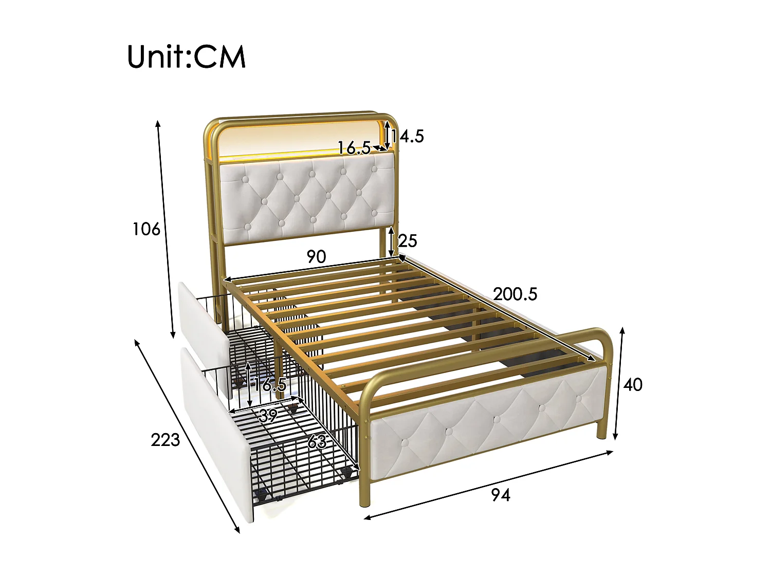 Letto 90x200cm con cassetti + LED + Porte di ricarica - rivestito in velluto - con rete a doghe in metallo - Beige