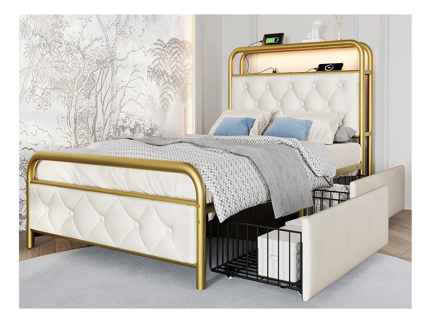 Lit 90x200cm avec tiroirs + LED + Ports de recharge - rembourré en velours - avec sommier en métal - Beige